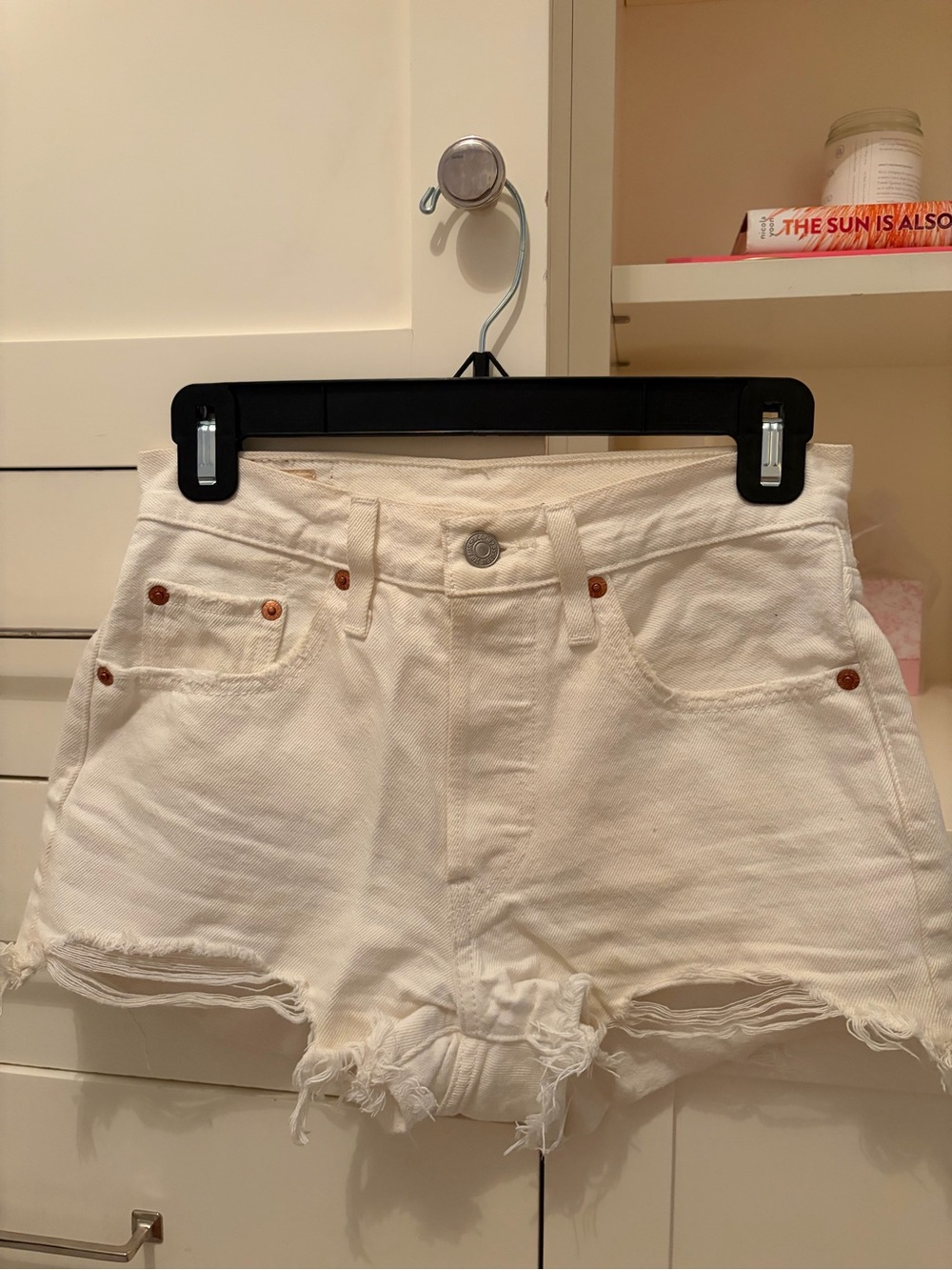 Levi's White Frayed Hem Denim Shorts
